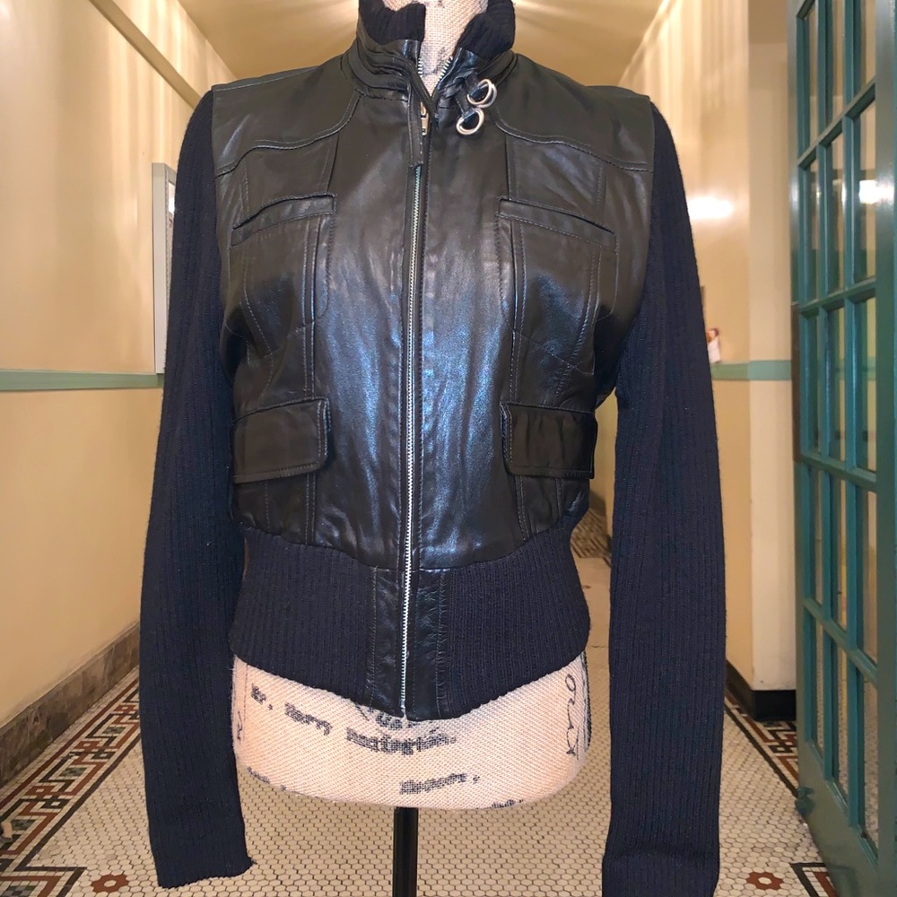 “DONATED” BCBG Vintage Cropped Wool/ Leather Sweater, Sz XS & Sz L